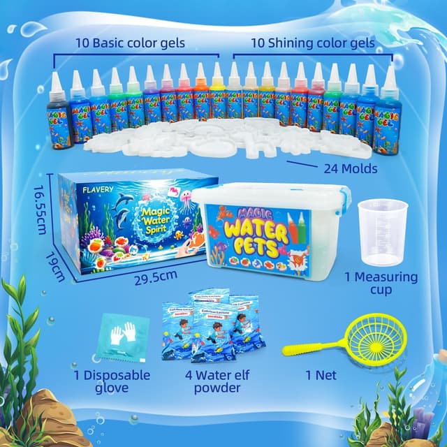 Detalle de Flavery Magic Water Elf 3D Aqua Gelz Set mit 20 Farben & 24 Formen – Bastelset für Kinder ab 6 Jahren
