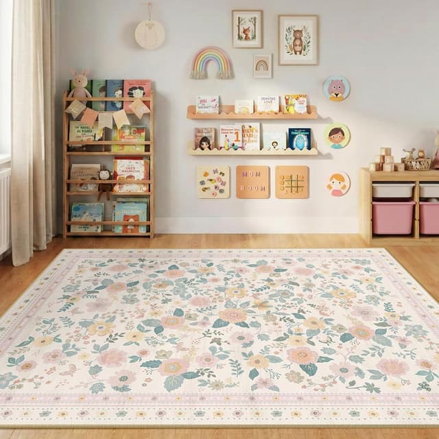 Detalle de INOVADAY Tapis lavable 150x210 cm style bohème à poils courts, imprimé floral beige clair