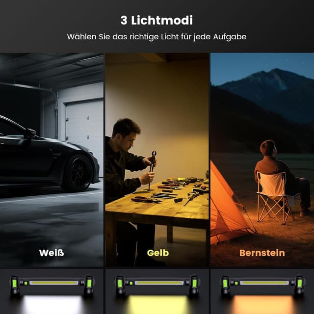 Thumbnail 6 de Arbeitsleuchte 3000LM – Werkstattlampe LED mit Magnet & Haken, 3 Farbtemperaturmodi, USB‑C Schnellladen (5200 mAh) – Black