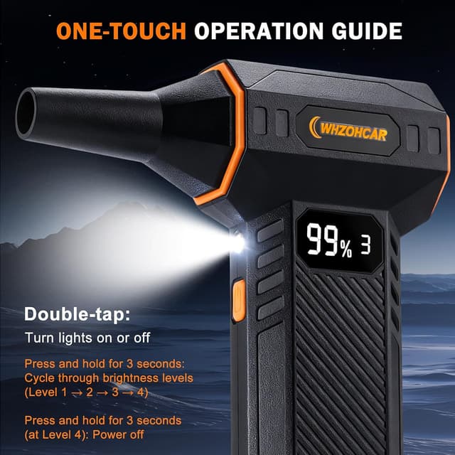 Detalle 2 de Soffiatore elettrico WHZOHCAR a aria compressa senza fili con LED e display LCD, 4 velocità fino a 20000RPM