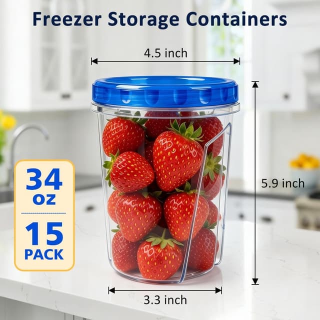 Detalle 2 de 15-Pack 34oz Reusable Freezer Storage Containers with Airtight Twist Lids (Quart Food Storage Set)
