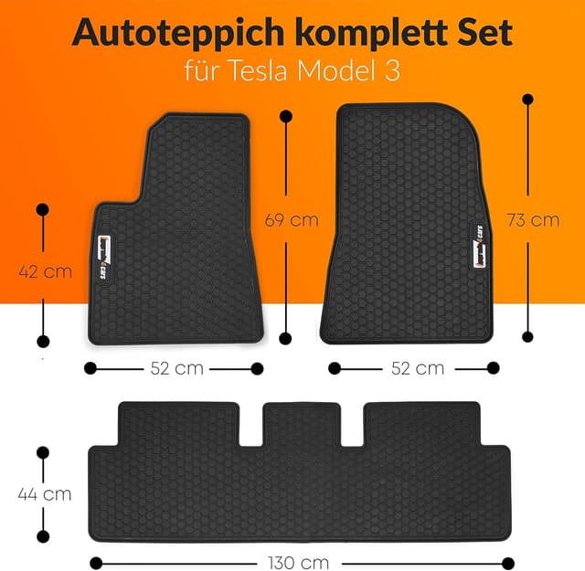 Detalle de Upgrade4cars Auto-Fußmatten-Set für Tesla Model 3 (vorn & hinten) – wasserdichte Gummimatten in Schwarz