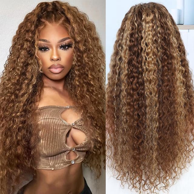 Detalle de FFEGG Hidden Strap 360 Water Wave Human Hair Wig (18 Inch) – 4/27 Ombre Deep Wave Lace Front