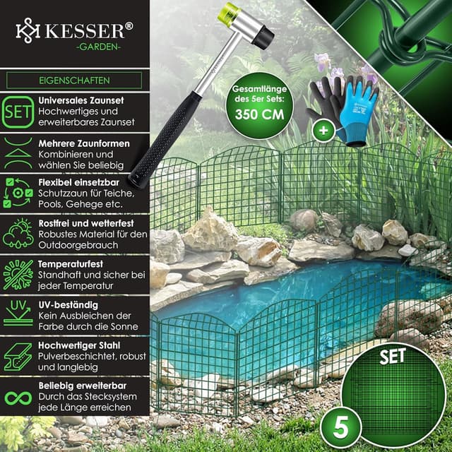Detalle de KESSER Teichzaun Steckzaun Komplettset aus Metall mit Oberbogen (inkl. Handschuhe, Hammer & Befestigungsstäben)