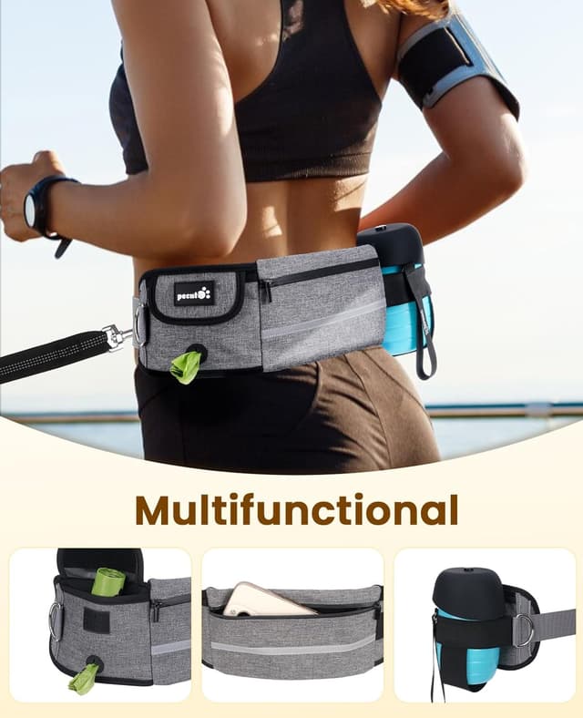 Detalle de Pecute Hundeleine mit Tasche – Hüftgurt mit Pads, stoßdämpfendem Bungee und reflektierenden Streifen