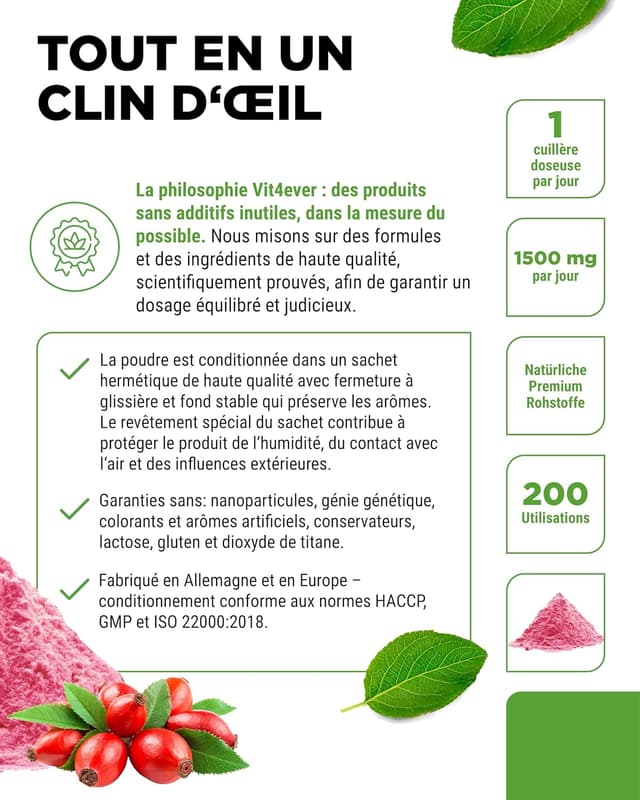 Detalle 2 de Poudre d'acérola 300 g — 1500 mg d'extrait, 200 portions 🍒