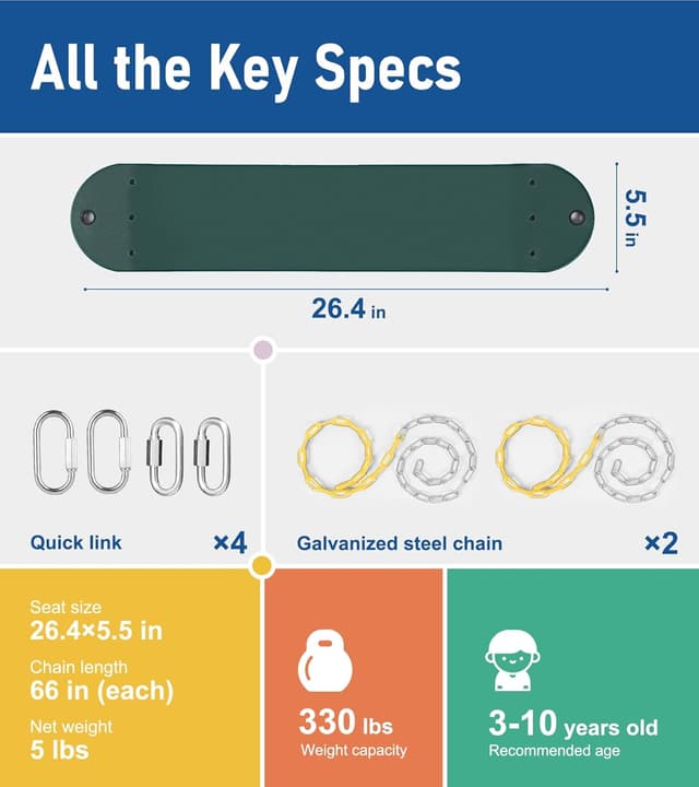 Thumbnail 6 de Little Dove 2-Pack Heavy-Duty Swing Seats with 66" Rust-Resistant Chains (Green)