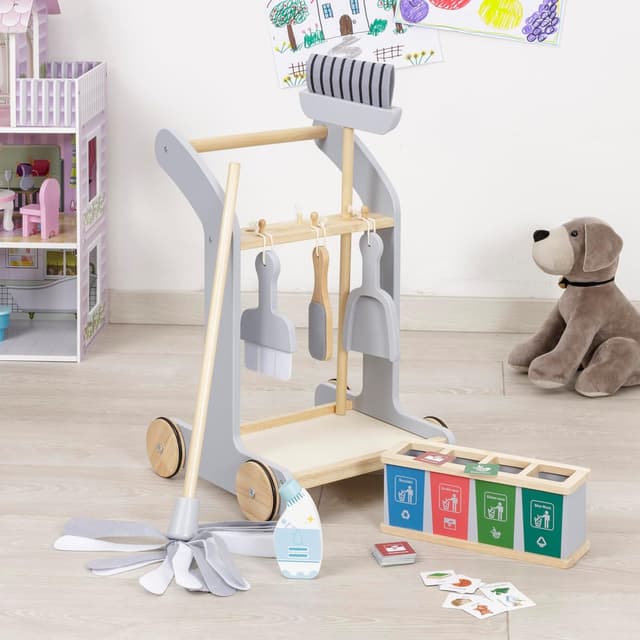 Detalle 2 de Baroni Toys Carrello Pulizia in Legno Montessori con 8 Pezzi, trainabile, con accessori per la raccolta differenziata