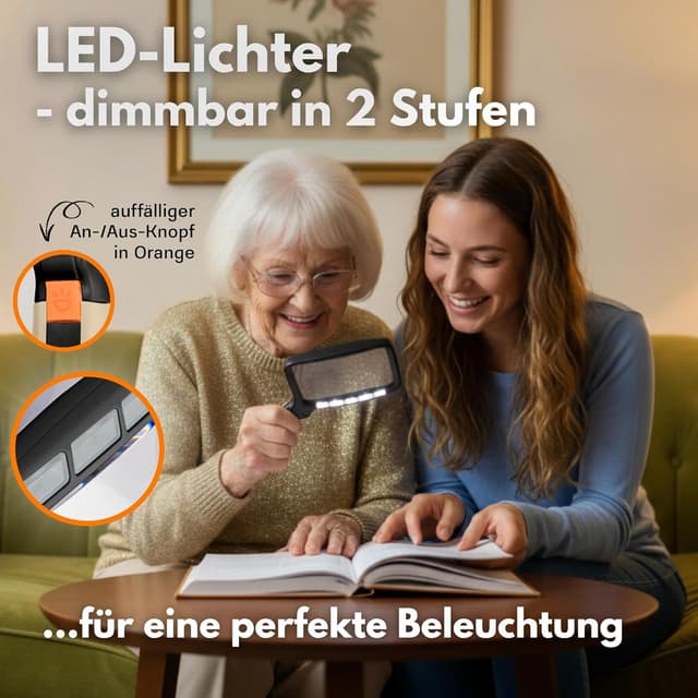 Detalle 2 de LupenRhein® Lupe mit Licht (3x) – klappbare Leselupe mit dimmbarem LED-Licht inkl. Batterien