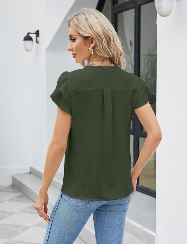 Detalle de BUNSLOOM Damen-Bluse aus Chiffon mit V-Ausschnitt, Kurzarm und Puffärmeln – Sommer-Casual für Büro & Alltag