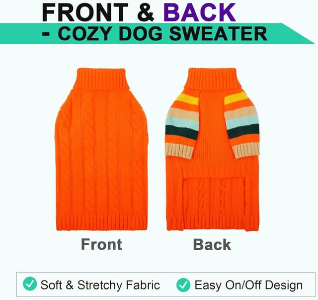 Detalle 2 de OUOBOB Winter Warm Knitted Dog Jumper (Turtleneck) with Ribbed Cuffs – Orange Striped Front Leg Design – 2XL