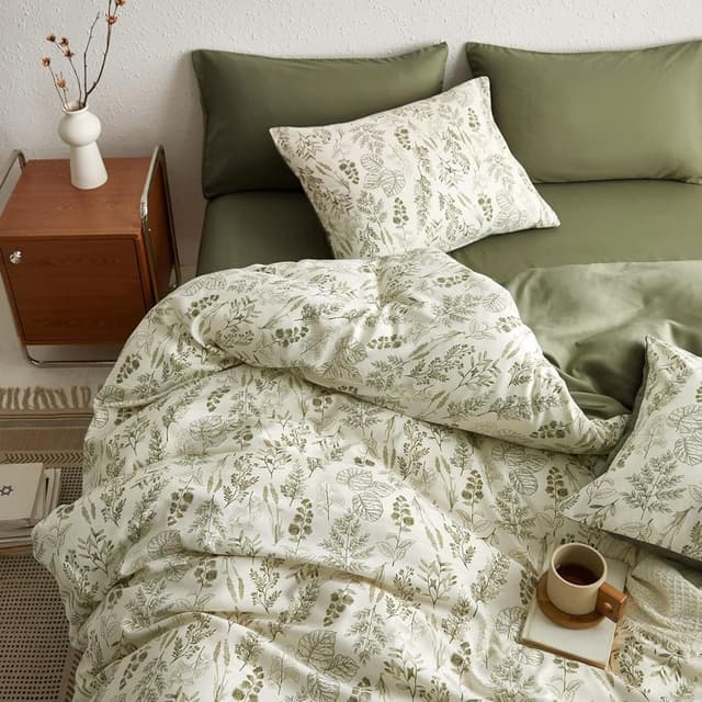 Detalle de Tospass Housse de couette 220x240 cm microfibre vert olive à fleurs avec fermeture éclair et 2 taies 65x65 cm