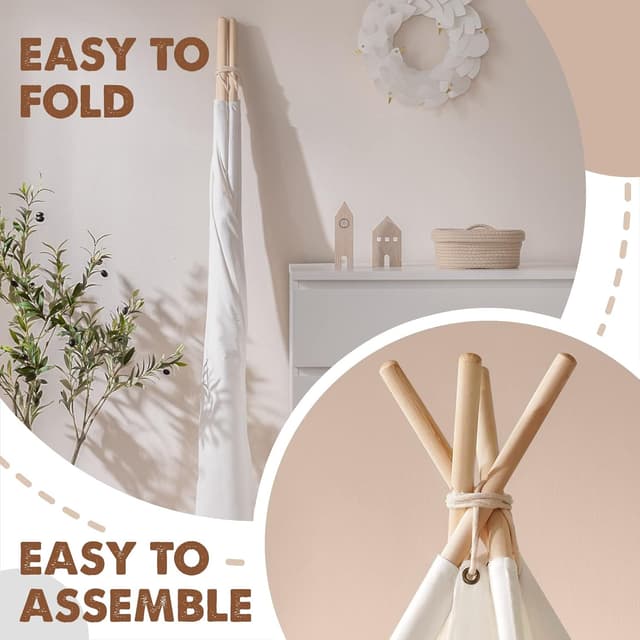 Detalle de Tiny Land kids teepee tent with padded mat, fairy lights and carry bag (Raw White Canvas)