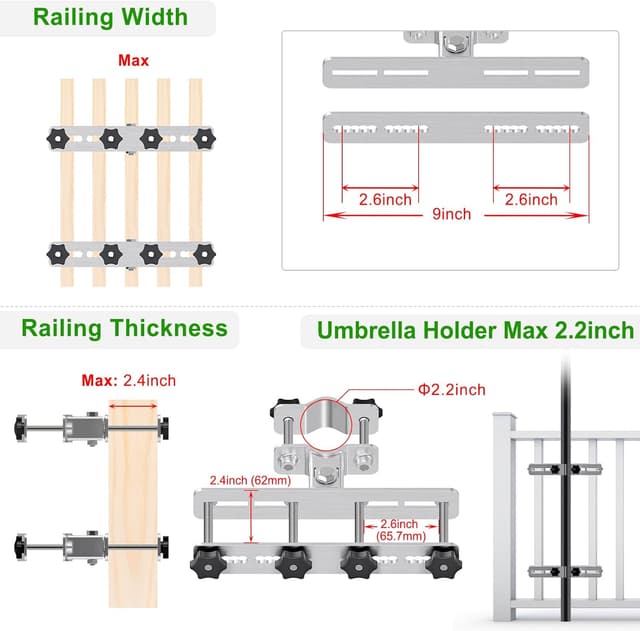 Detalle de Lifeswell robuster Sonnenschirmhalter für Balkongeländer mit verstellbarer Stange (2,5–5,1 cm)