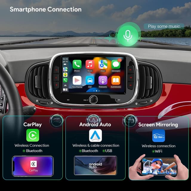 Detalle de XTRONS 7-inch car stereo for Fiat/Abarth 500 (2016–2020), Octa‑Core 4GB+128GB with GPS, CarPlay/Android Auto and 4G LTE