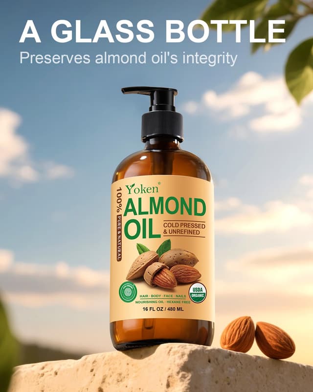 Detalle de Yoken Organic Almond Oil (16 fl oz) — 100% Pure Cold-Pressed Almond Oil for Face, Hair & Body