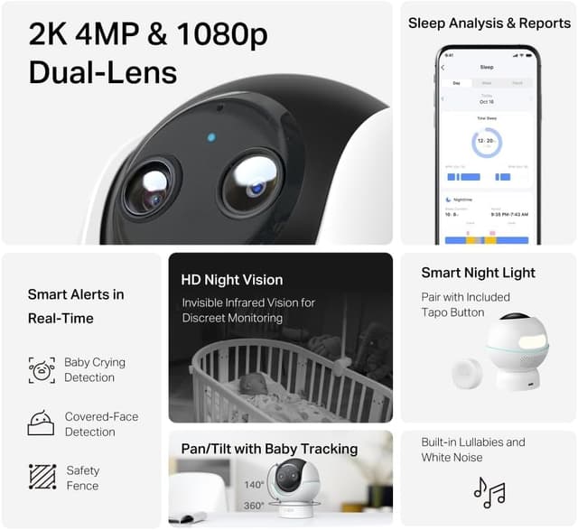 Detalle 2 de Tapo C840 Dual-Objektiv BabyCam – Dual-Lens, Babygeschrei-Erkennung, Schlafanalyse und MicroSD-Speicherung