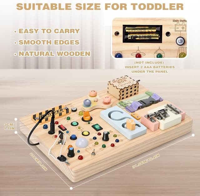 Detalle 2 de Joyreal Montessori Busy Board 2-in-1 ab 1 Jahr – Holz Motorikspielzeug mit 20 LED-Lichtern