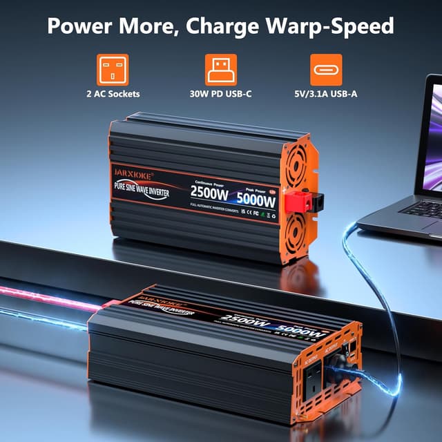 Detalle 2 de 2500W Pure Sine Wave 12V to 240V Power Inverter with 2 UK Sockets, LCD Remote & USB (Type-C + USB-A)