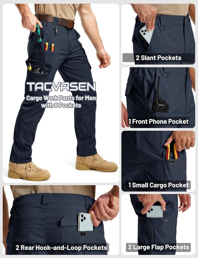 Detalle 1 de TACVASEN Men’s Tactical Cargo Pants (Water Resistant Ripstop) with 8 Pockets for Work, Hiking & EDC