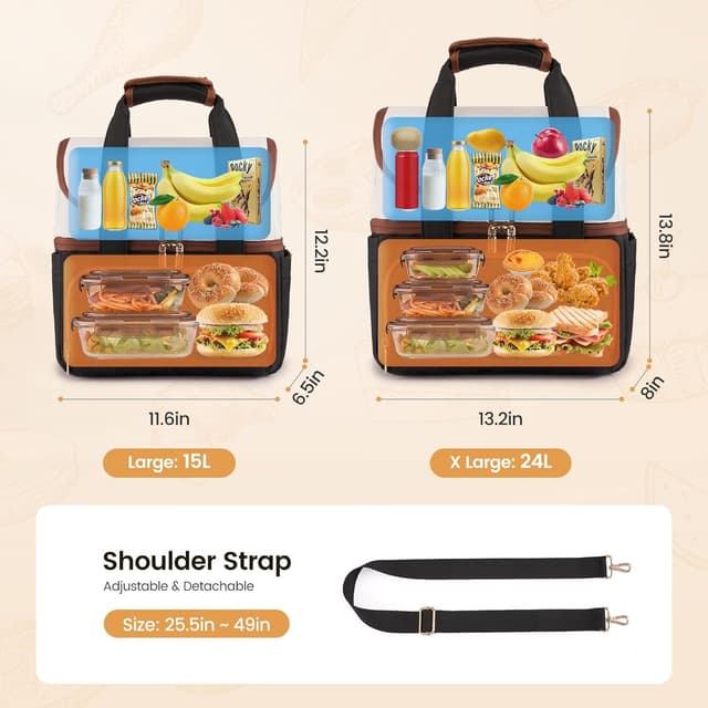 Thumbnail 6 de LOVEVOOK Large 15L Insulated Lunch Bag with Double Deck, Cup Holder & Leakproof PEVA Liner