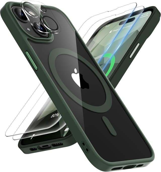 Detalle de ORETECH Magnetische Hülle für iPhone 15 Plus (6,7 Zoll) mit Mag-Safe & 2× Schutzfolie + Kameraschutz – stoßfest, kratzfest, transparent in Grün