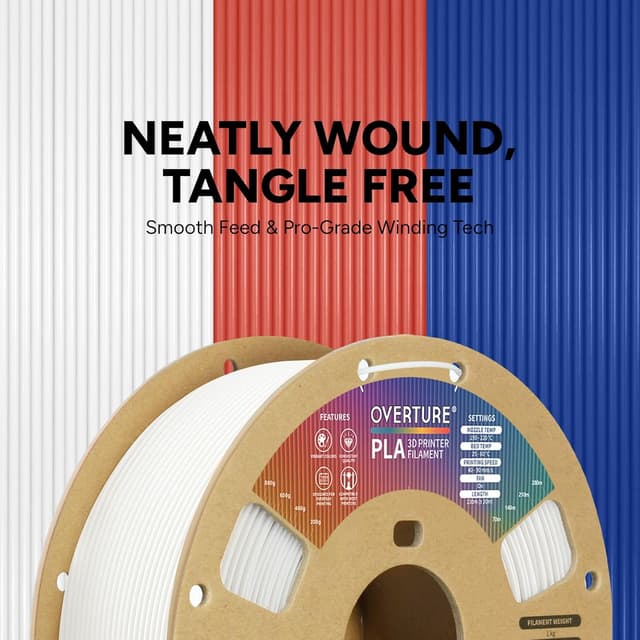 Detalle de OVERTURE PLA Filament 1.75mm (1kg) for FDM 3D Printers — White, 2.2lbs Cardboard Spool