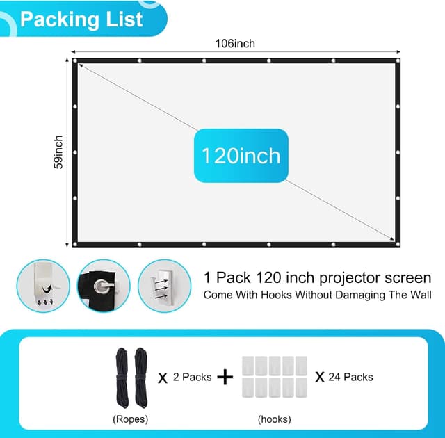 Thumbnail 2 de 120 Zoll Front- und Rückprojektor-Leinwand (Haken & Seile) – faltbare 16:9 Filmleinwand für Beamer