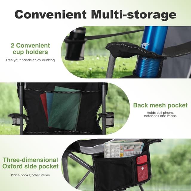 Detalle de LET’S CAMP set of 2 foldable camping chairs with cup holder, padded seat and steel frame (up to 160kg each)