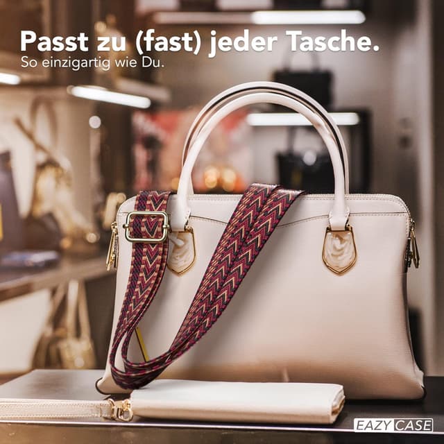 Detalle de EAZY CASE verstellbarer Taschengurt „Zig Zag“ – Ersatz-Schulterriemen für Hand- und Umhängetaschen, rot-braun mit Metallakzenten