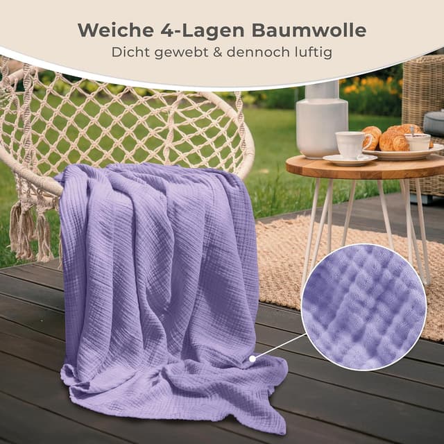 Detalle 2 de LAYNENBURG Premium Musselin Tagesdecke 150x200 cm aus 100% Baumwolle (Lavendel)