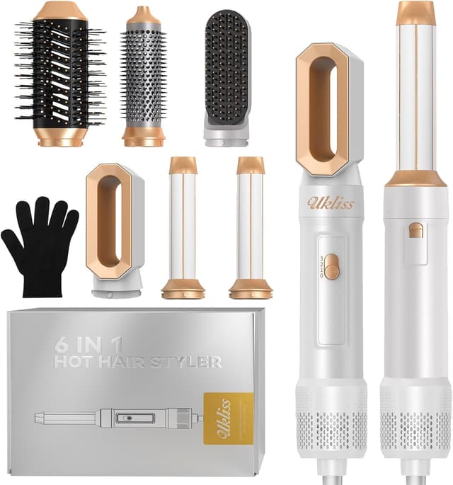 Detalle de UKLISS Hair Styler 6 in 1 phon spazzola con piastra, arricciacapelli automatico e accessori intercambiabili – Bianco