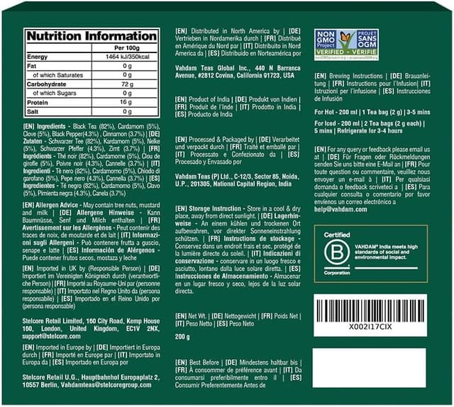Detalle 2 de VAHDAM Tè Chai Originale Indiano in bustine richiudibili (100 bustine)