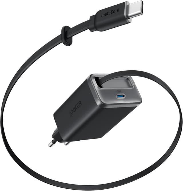 Detalle de Anker Nano USB-C Ladegerät 35W (2 Anschlüsse) mit ausziehbarem InstaCord-Kabel – kompaktes Netzteil für iPhone & iPad