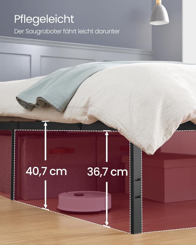 Detalle 2 de VASAGLE Bett 140 x 200 cm (RMB094B01) mit Aufbewahrungsregalen – Metall-Bettrahmen für Gäste & Doppelbett