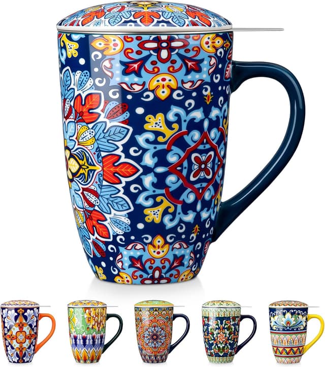 Detalle de vancasso Ceramic Tea Mug with Infuser and Lid (18 Ounce) — Royal-Crimson Flourish