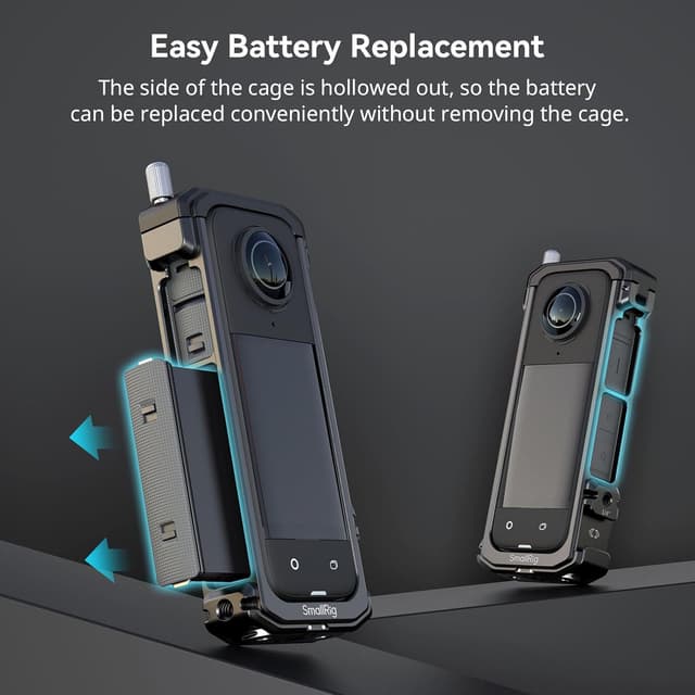 Detalle de SMALLRIG Cage per Insta360 X4 con copriobiettivo in silicone, slitta fredda e foro 1/4”-20-4278