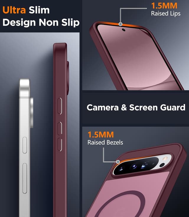 Detalle de SPIDERCASE Magnetic Case for Google Pixel 10 / Pixel 10 Pro (Wine Red) — Slim, Translucent Matte Drop Protection