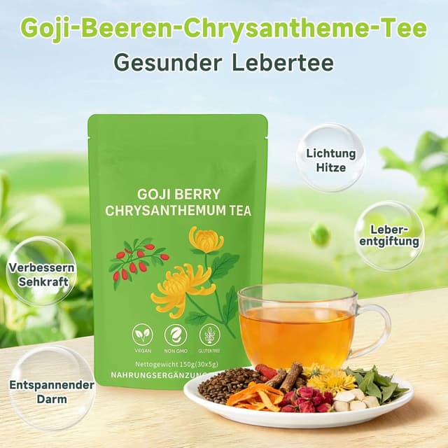 Detalle 2 de Detox Tee Leber Balance Kräutertee mit Goji & Chrysanthemen – koffeinfrei, zuckerfrei, vegan (30 Teebeutel à 5 g)