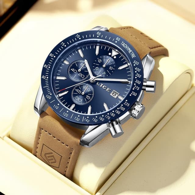Detalle de LIGE Montre Homme Chronographe Quartz analogique, bracelet cuir et date