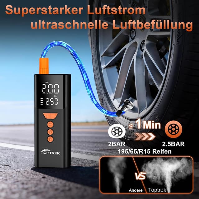 Detalle de toptrek Elektrische Luftpumpe (150 PSI) kabellose Akku-Fahrradpumpe mit LED, Powerbank-Funktion & USB‑C