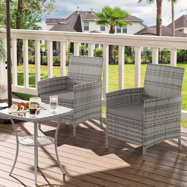 Detalle de UDPATIO 3-teilige Gartenlounge Set für 2 Personen mit Glastisch und 2 Stühlen (Polyrattan), grau