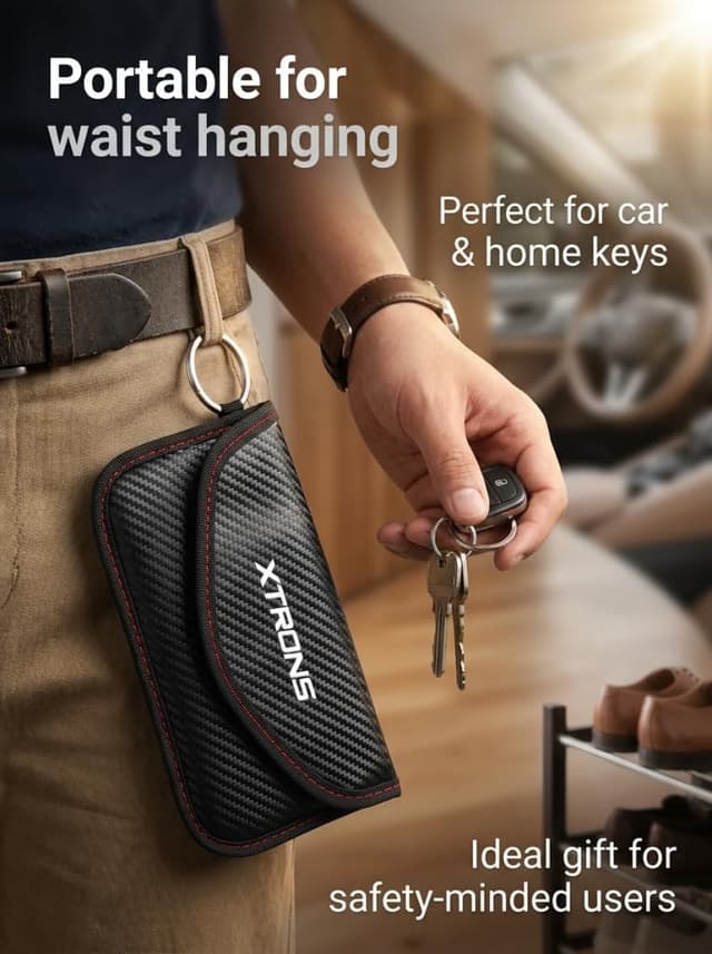 Detalle 2 de XTRONS Faraday Pouch for Car Keys & Phone (RFID Signal Blocking) with Sturdy Hook, Black