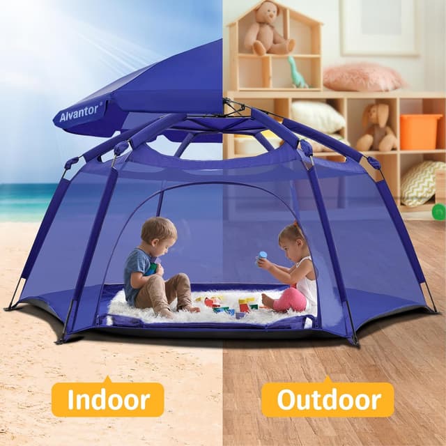 Detalle 2 de Alvantor Baby Playpen Pop Up Play Yard (84x84x44) Large Mesh Kids Play Pen with Canopy, Navy