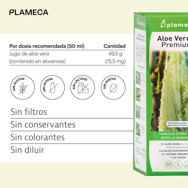 Detalle 2 de Plameca Aloe Verum Premium (1L) — jugo puro de aloe vera con pulpa, sin aloína