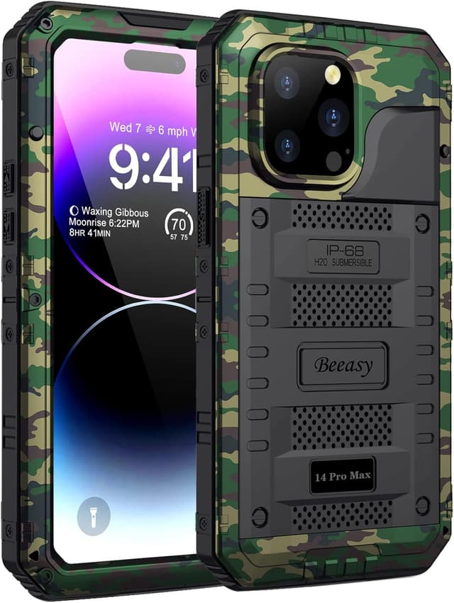 Detalle de Beeasy iPhone 14 Pro Max Waterproof Heavy Duty Case with 360° Protection and Built-in Screen Protector (Camo)