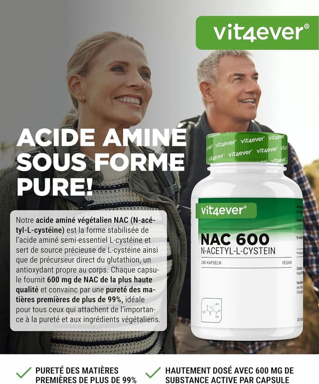 Detalle de Vit4ever Vit4ever NAC (N-acétyl L-cystéine) 240 gélules de 600 mg – Végan, réserve 8 mois