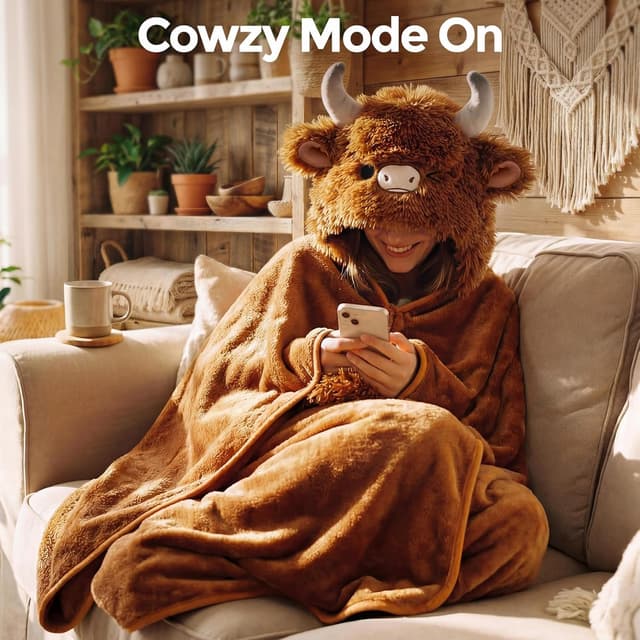 Detalle de Mewaii Plaid à capuche en laine douce (vache highland) 130 x 158 cm — couverture pour enfant et adulte