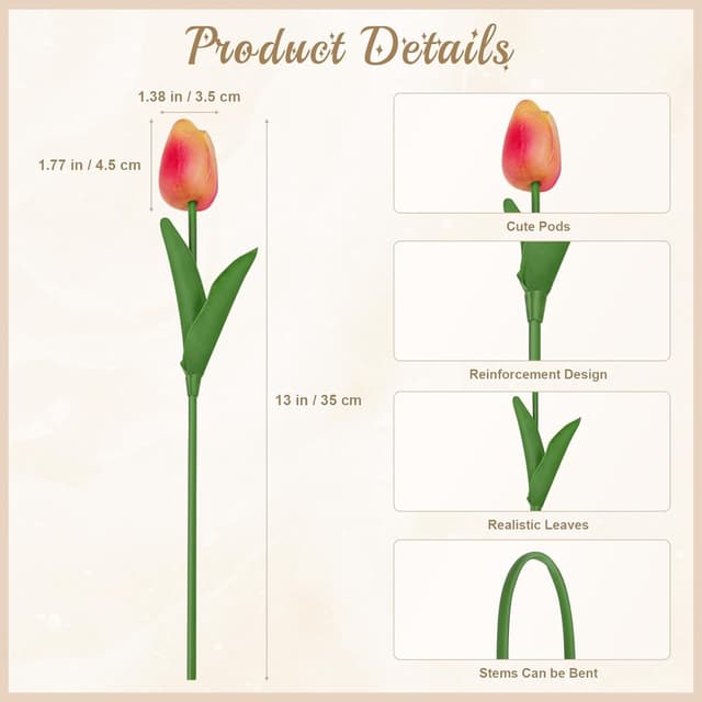 Detalle 2 de DBBCMEW Artificial Tulips (18pcs) – Multicolour faux tulip stems for wedding, DIY and home décor (NO vase)