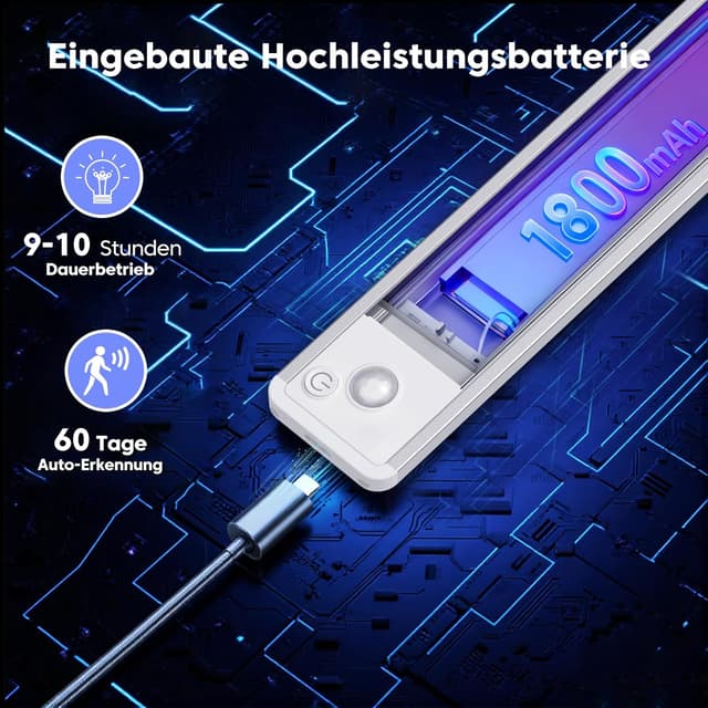 Detalle de FILIYANO LED Leiste mit Bewegungsmelder (3er-Set, 25 cm) – dimmbar, magnetisch & USB-C Akku für Unterbauleuchten in Küche & Schrank